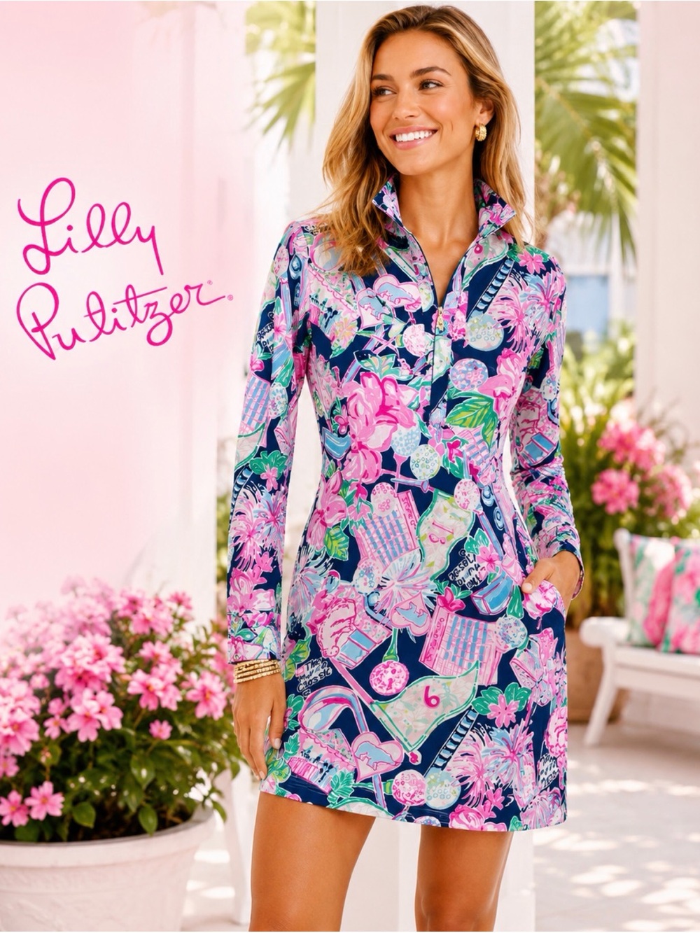 Beautiful Lilly Pulitzer Long-Sleeve Zip-Front dress. Golf themed.